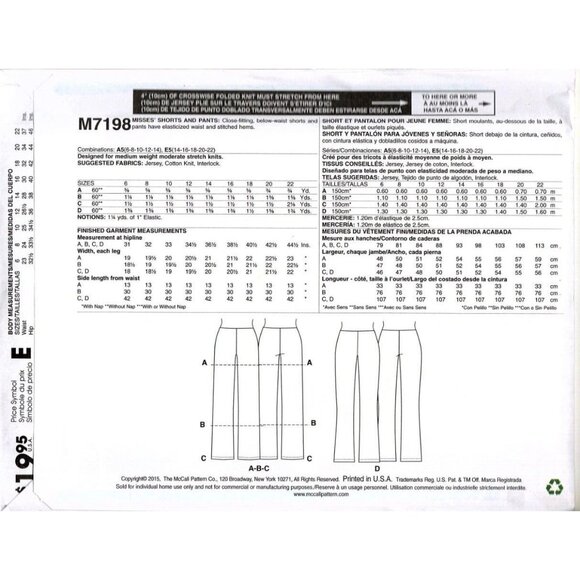 McCall's M7198 Misses 6 to 14 Learn to Sew Easy Pants and Shorts Sewing Pattern - Picture 2 of 2